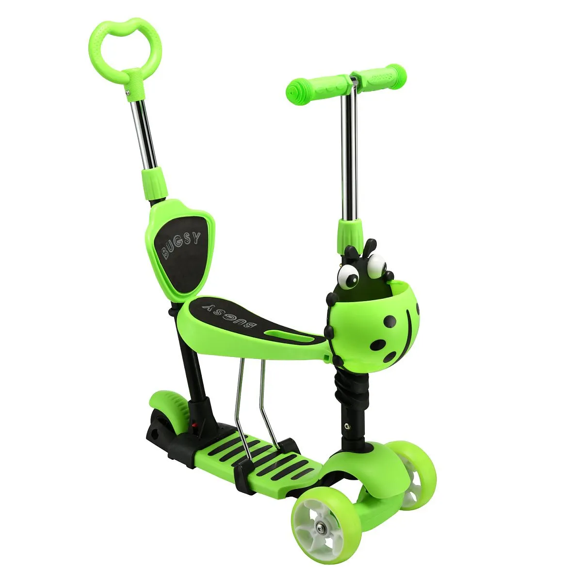 Самокат - беговел с ручкой BUGSY+ LED Green