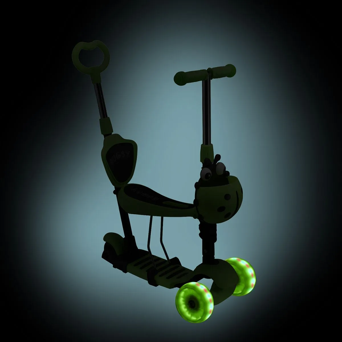 Самокат - беговел с ручкой BUGSY+ LED Green