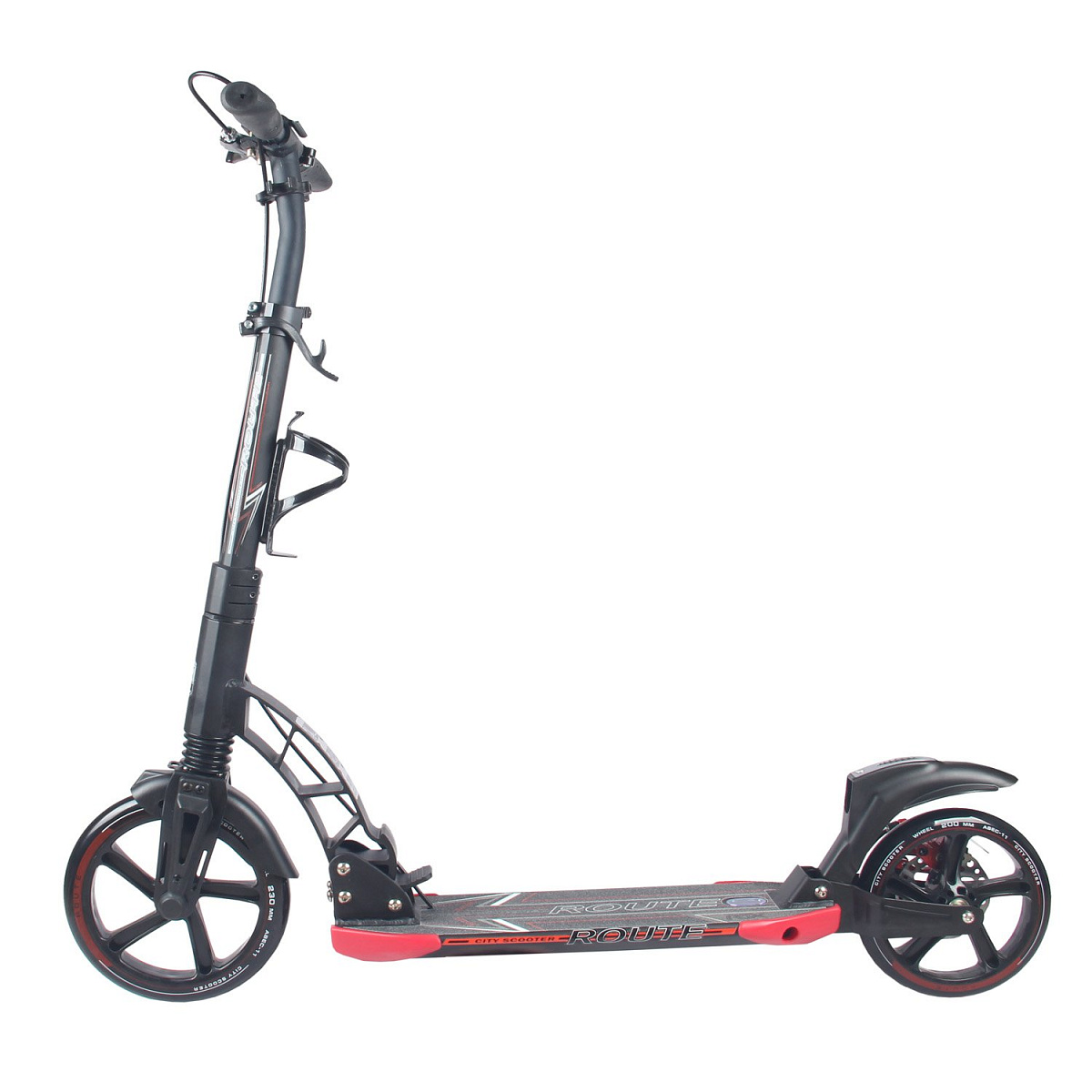 Самокат ROUTE 230/200мм black/red (100% алюминий, дисковый тормоз, передний и задний амортизаторы)