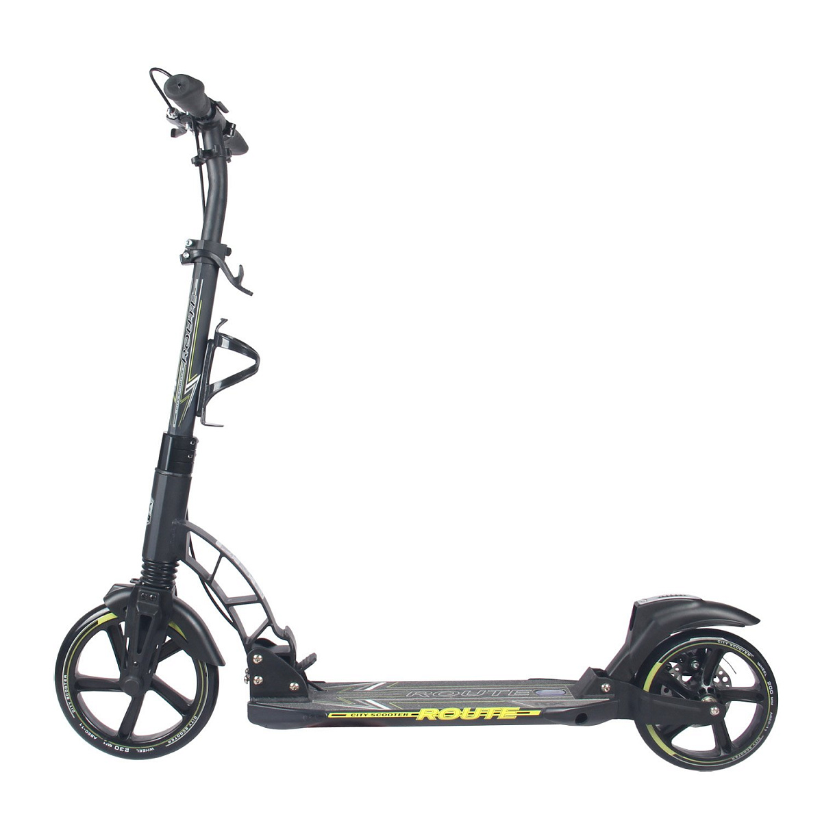 Самокат ROUTE 230/200мм black/yellow 100% алюминий, дисковый тормоз, передний и задний амортизаторы