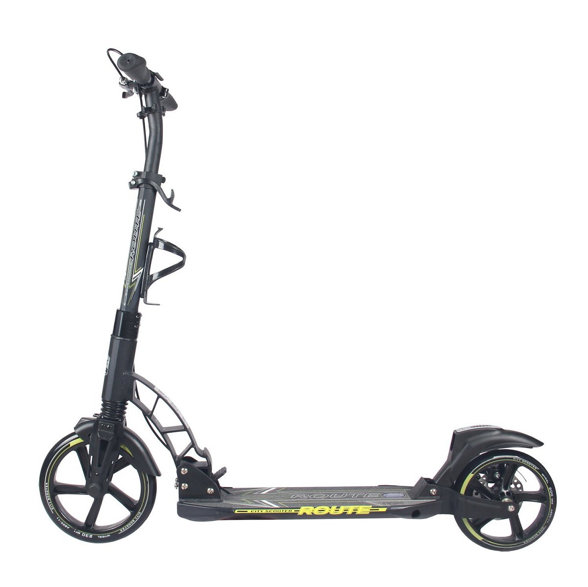 Самокат ROUTE 230/200мм black/yellow 100% алюминий, дисковый тормоз, передний и задний амортизаторы