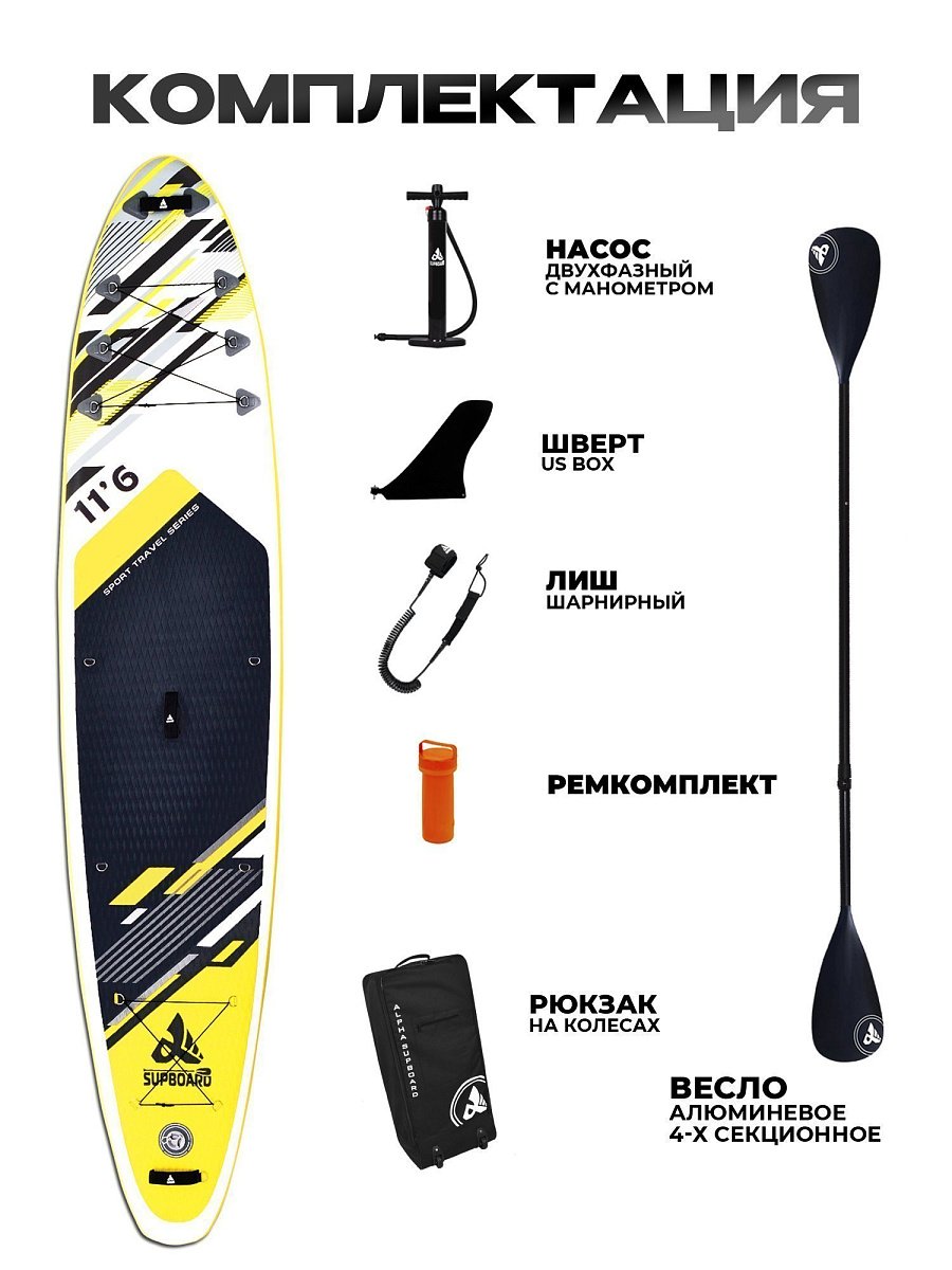 Надувная SUP-доска Сапборд (SUP board) AQTC-11,6 SPORT TRAVEL YELLOW COMFORT